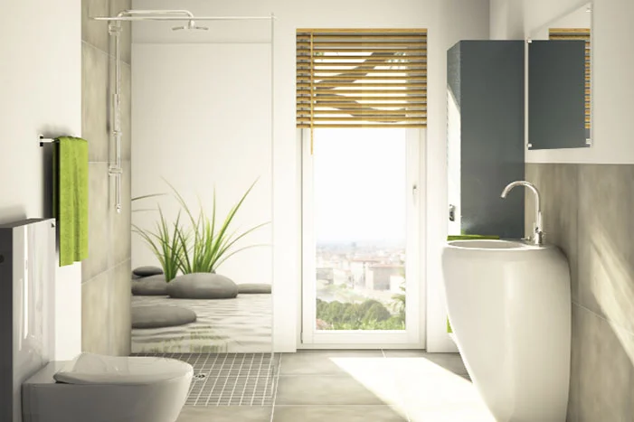 Modernes Badezimmer mit Bambusrollo